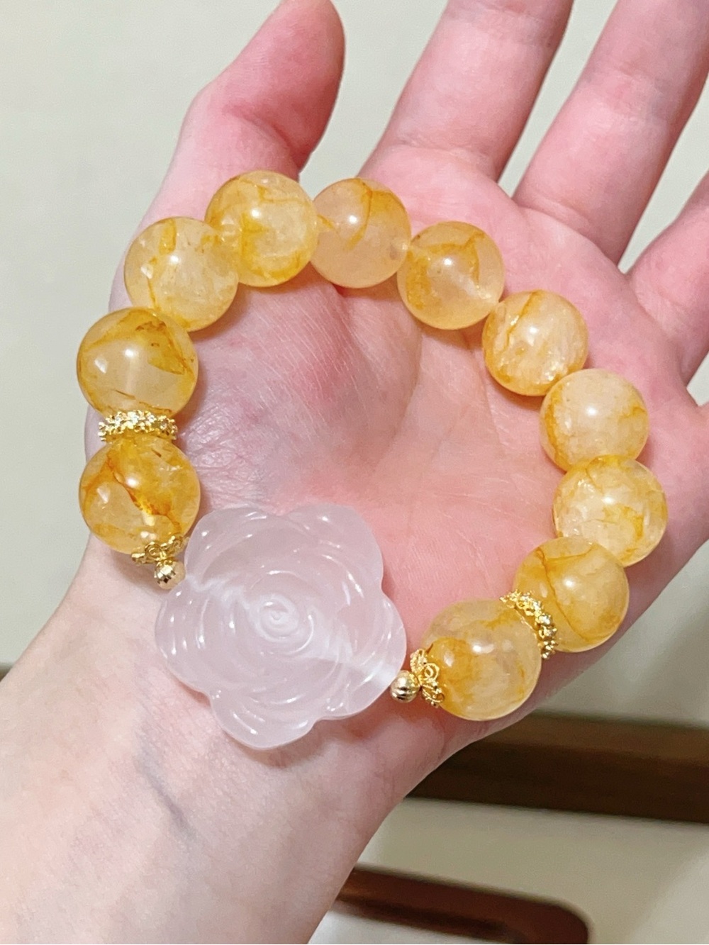 Large Bead Yellow Garden Quartz bread with Rose Quartz Rose Charm Bracelet 15mm